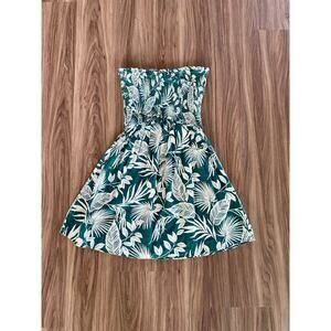 BILA77 Strapless Tropical Print Dress Smocked Bodice Green White Summer M